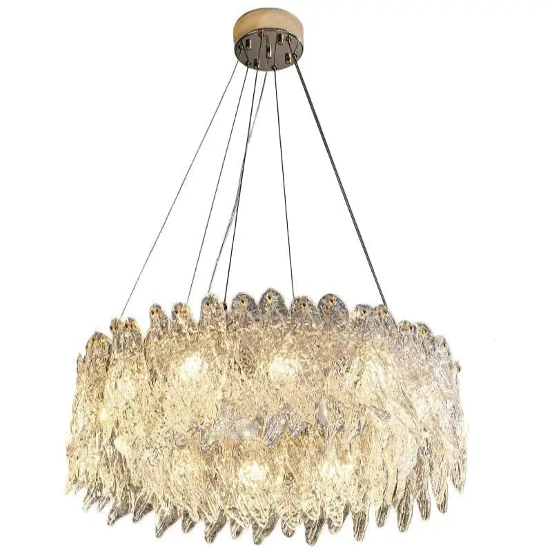Elegant crystal pendant chandelier showcasing modern design with shimmering crystal elements and energy-efficient LED bulbs.
