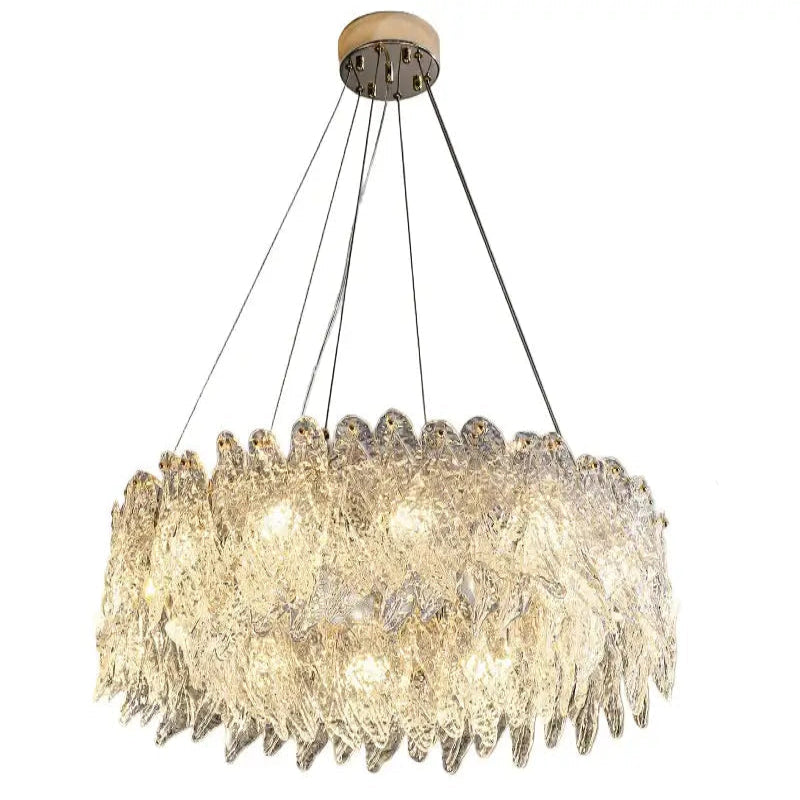 Elegant crystal pendant chandelier showcasing modern design with shimmering crystal elements and energy-efficient LED bulbs.