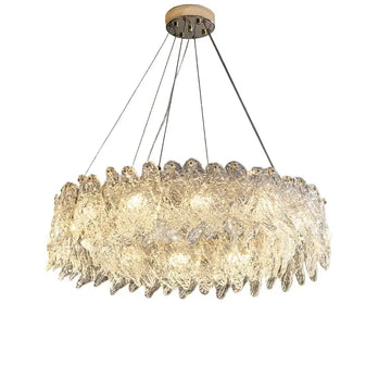 Elegant crystal pendant chandelier showcasing modern design with shimmering crystal elements and energy-efficient LED bulbs.