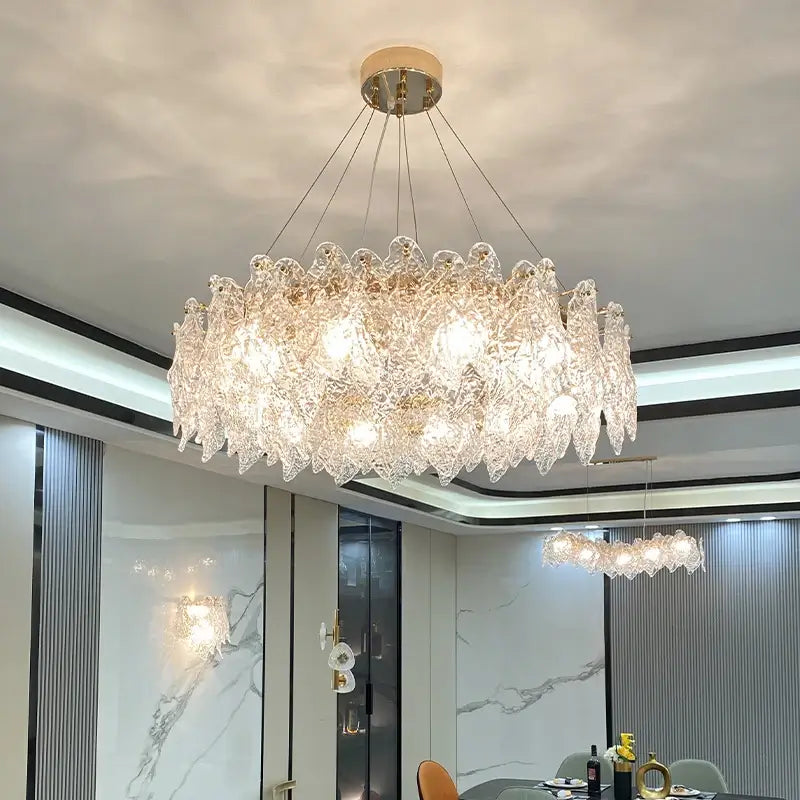 Crystal Pendant Chandelier illuminating a modern interior with elegant design and shimmering crystal.